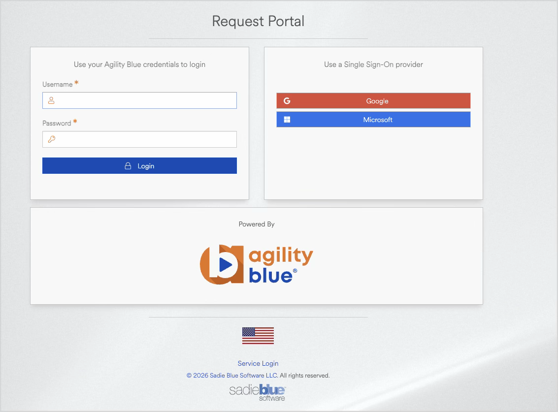 Login portal for Agility Blue with username and password fields and sign-on options.